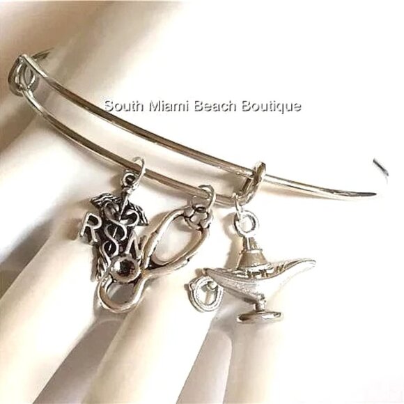 Nursing RN Caduceus Charm Bracelet Stethoscope Nightingale Lamp Graduation Gift - Picture 2 of 9